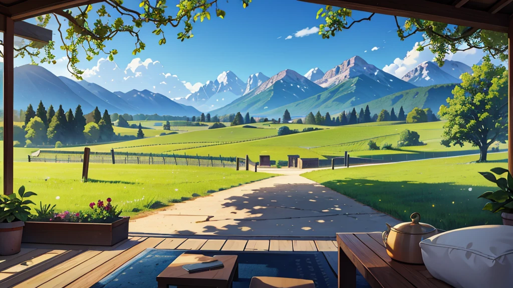 Create a central perspective landscape of a vineyard where the trees can be seen, bushes and mountains