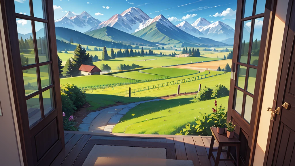 Create a central perspective landscape of a vineyard where the trees can be seen, bushes and mountains