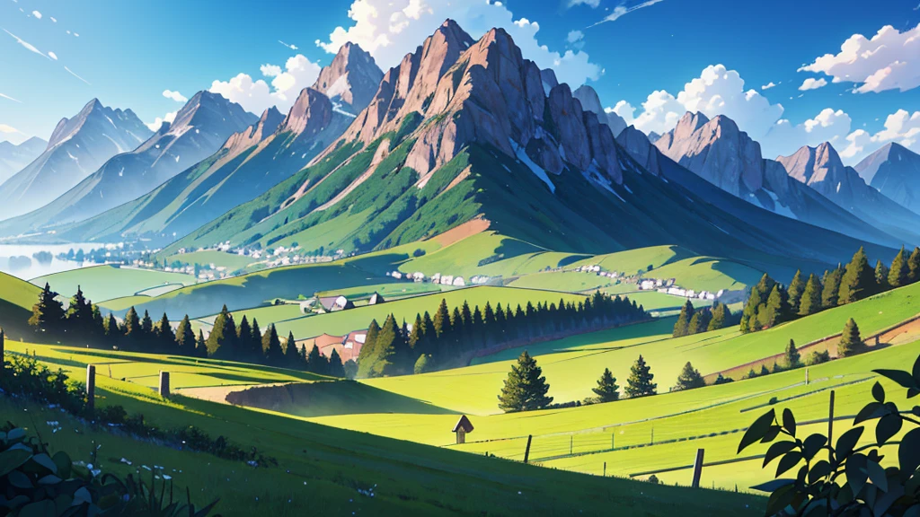 Create a central perspective landscape of a vineyard where the trees can be seen, bushes and mountains