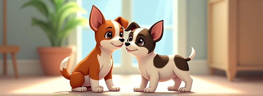 They are two dogs, one of them is 1 and a half years old., fur: The puppy has a short, two-colored coat.: mainly brown with white , especially on the head and legs. eyes: Sus ojos son de Size mediano, dark and round. ears: He has big, pointed ears., body: Parece ser un perro de Size mediano, with a slender body and thin legs. cola: Its tail is long and thin., 

Y el otro 2 meses de vida de fur: Color: Predominantly white with brown markings. The black spots are concentrated mainly on the head., including the ears and the top of the snout. There are also black spots on the back and base of the tail.. texture: The coat appears to be short and smooth.. eyes: Color: Dark brown. form: Tienen una forma almendrada y parecen ser de Size pequeño. ears: Size:  son de Size mediano y tienen una forma triangular. Size: un perro de Size pequeño.
form: His body is slim and proportionate, with a moderately broad chest. paws: The legs are thin. cola: The tail is of medium length and tapers towards the tip., 

together with me, 21 year old woman, light brown skin color, small black hair, 

that it be style like anime photo