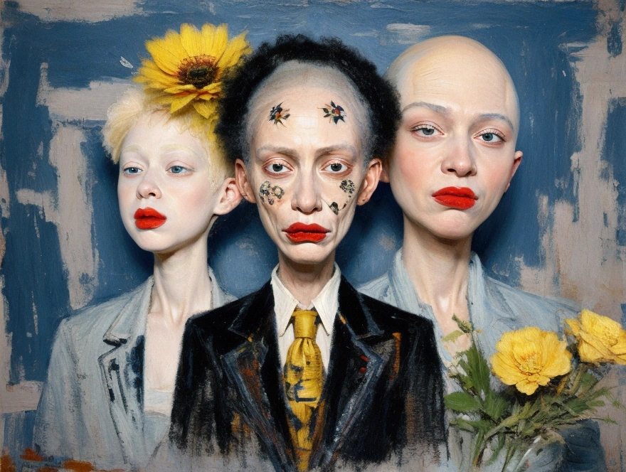 ** flat oil painting, depicting a bald albino woman mutant, "huge mouth", crazy look, Eyes in different directions "with a yellow flower in his hand", "a huge disproportionate head on a long thin neck", "Black Night, star-studded", in the style of Jean-Michel Basquiat's graffiti.** black background and stars