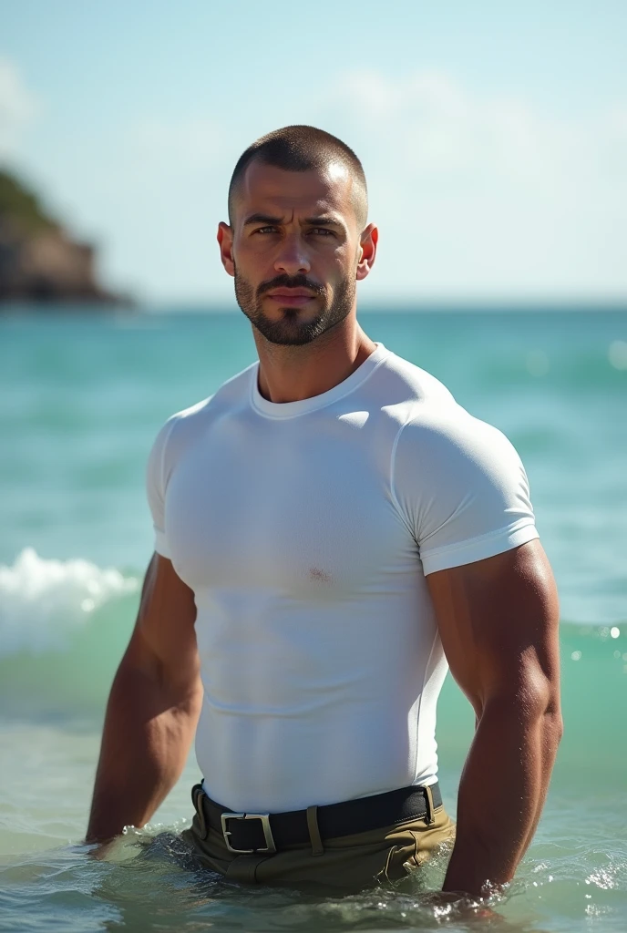 Masterpiece, best quality High resolution, realistic, handsome, beautifully photographed, syahnk SFW, 35 year old portrait. (man: 1.5) Military press, amazing weight, short buzzcut hair, stubby head. , (too much muscle ),look at the viewer,Flirting with the camera,charming (Tight white shirt ),(GS-Masculine:1), 8K UHD , standing in the sea