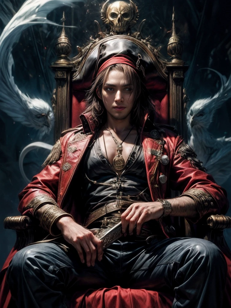 ultra detail red coat pirate king with black hair , masterpiece , red glow eye , smiling, with golden sword , sitting in pirate ship throne with ghost owl