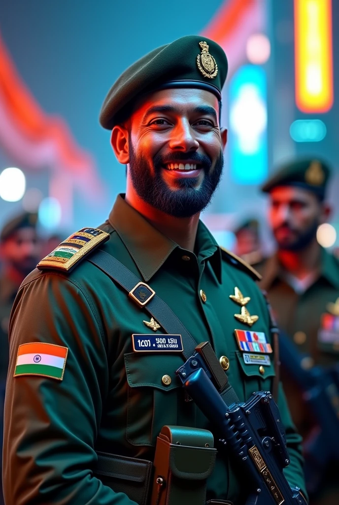 indian tricolor badges on cap dress
asaduddin owaisi as indian army muslim beard soldiers
high end ai guns eauipment nightvision
Indian flag badges on dress cap
Face smile
Muslim soldiers
Hdr
Neon
Smiling
Indian flags