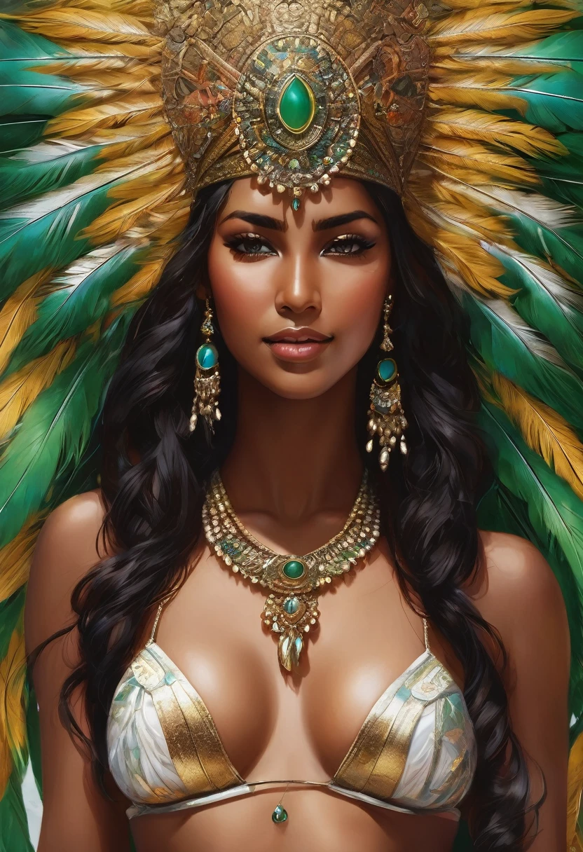 "A dark-skinned brunette, with features that evoke the beauty of the Indians of the Americas. His face displays a confident and captivating expression., with an irresistible smile that lights up your gaze. chest: voluptuous and perky breasts, with soft contours that accentuate your femininity. waist: well defined and fine, perfectly proportional to the body, accentuating her curves. hips: wide and seductive, creating a mesmerizing and balanced silhouette. thicc thighs: firm and toned, with a generous volume that exudes sensuality. flegs: long and slender, that stand out with grace. arms: Toned, with a touch of delicacy, without muscular exaggeration. She adorns her body with golden bracelets, um piercing no umbigo, gold and silver necklaces, and a headdress of delicate feathers that frame her face. She wears a metallic green bikini that highlights her curves in an elegant and provocative way.. The drawing style is hyper-realistic, portraying a fantasy goddess, with harmony and seduction in all forms."