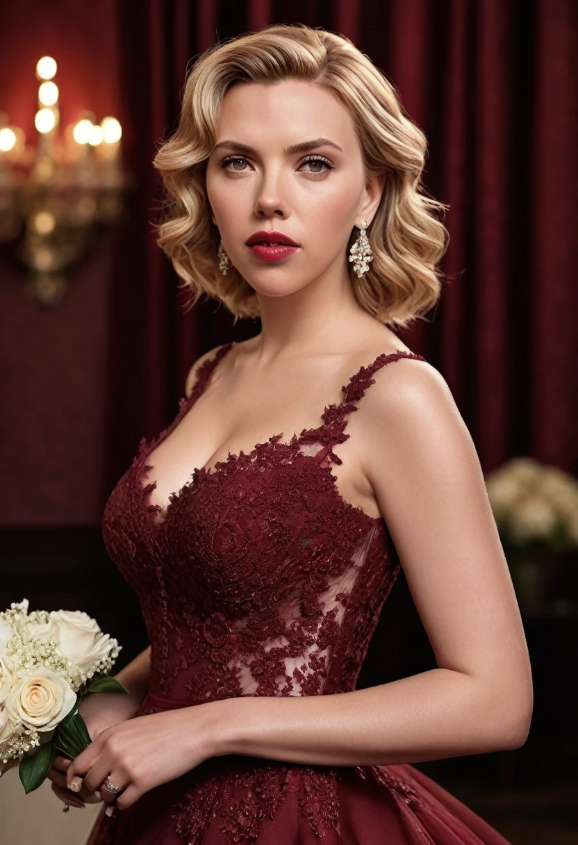 Generate a realistic image of a woman resembling Scarlett Johansson, with her distinctive features and blonde hair styled in soft waves. She is wearing a stunning red-maroon wedding dress with elegant details such as lace or embroidery. The setting is a sophisticated wedding venue with romantic lighting, emphasizing her graceful and radiant presence.

