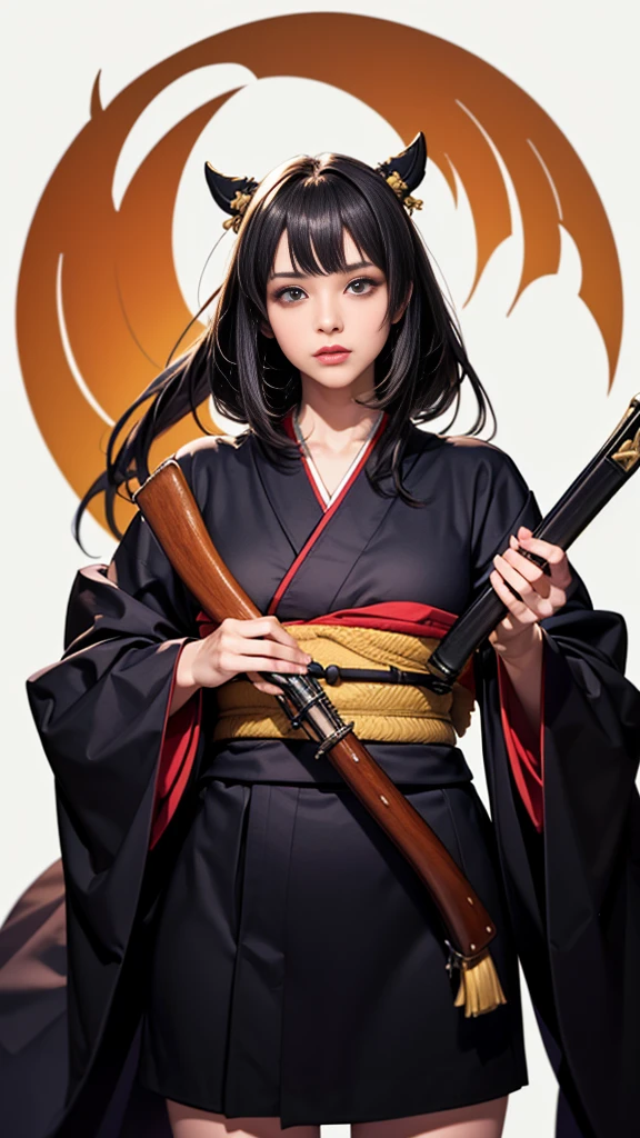 masterpiece,Highest quality,One beautiful woman, alone, A single matchlock gun:1.2, (((matchlock))),arquebus,Have, Long Hair, Black Hair, Holding Gun, Virtual YouTuber, View your viewers, aim, Aim,Cowboy Shot,((Black kimono)),samurai:1.2,((Pure white background)),dynamic