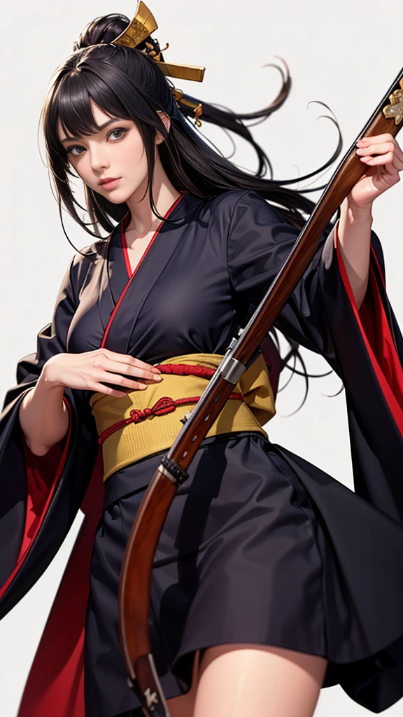 masterpiece,Highest quality,One beautiful woman, alone, A single matchlock gun:1.2, (((matchlock))),arquebus,Have, Long Hair, Black Hair, Holding Gun, Virtual YouTuber, View your viewers, aim, Aim,Cowboy Shot,((Black kimono)),samurai:1.2,((Pure white background)),dynamic