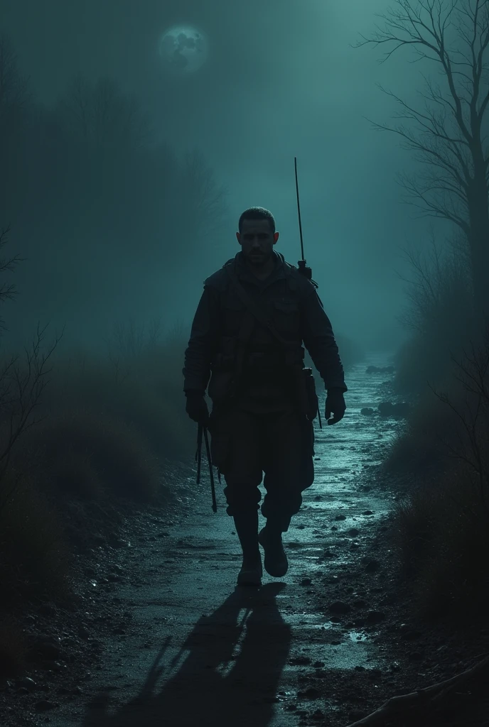 The soldier walks down the path of death on a dark night, battered and bruised
