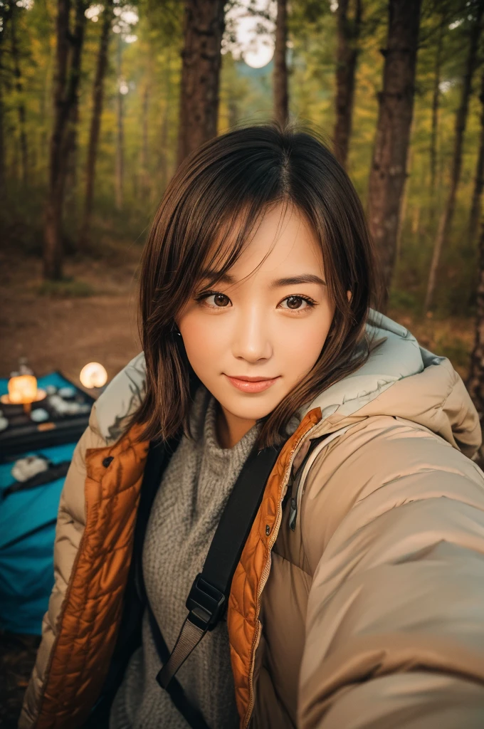 1 female((Upper body selfie, Happy)), masterpiece, Highest quality, Very detailed, alone, Outdoor, (night), Mountain々, nature, (performer, moon) Hilarious, Happy, Backpack, sleeping bag, Camping stove, Water bottle, Mountain boots, gloves, sweater, Have, flashlight, forest, rock, river, wood, cigarette, Shadow, Contrast, sunny, Analog Style (View the viewer:1.2) (Skin Texture) (Film Grain:1.3), (Warm shades, Warm Tones)