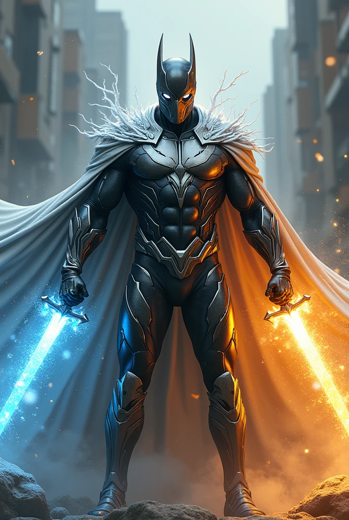 A superhero character with a briliant suit with two sword in both hand in one hand winter sword and in another summer sword and a mask on head