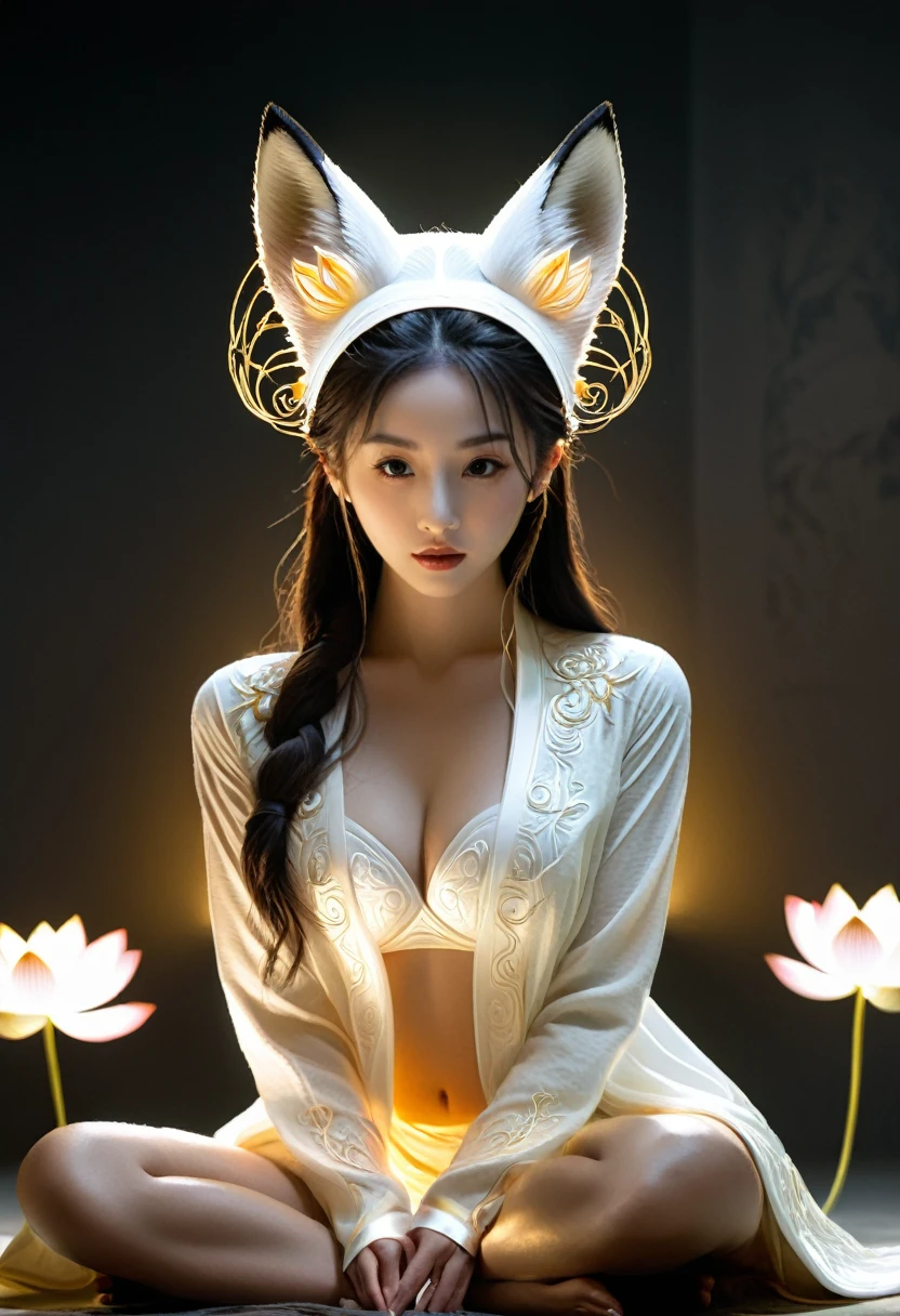 Hyperrealistic photography,Chinese Beauty,
Lotus pose girl full body photography,Anatomically correct,Raw, Filming, (Be focused:1.5), (Reality:1.4), Dusk lighting, Volumetric Lighting, Ultra-high resolution, 16K,Dramatic Lighting, White background:1.5)(tangled,Mandala,dispute,Entanglement:0.7)Fox Demon,Fox Mask,short jacket, Foxfire Curse, fox family, Transformation, Depth of Field, Dreamy atmosphere, The most beautiful chaos, grace, Brutalist Design Dark Theme, Flower of Death, Flowers of ecstasy,Glowing Line,Glow Example,Tracking Example,flash, Backlight,translucent,Light Particles,HILL,exit