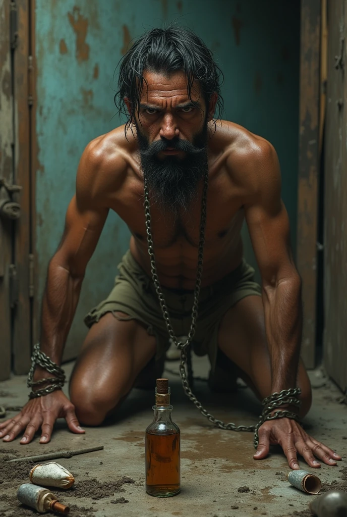 Half-naked Mexican man with malnourished physical appearance, grown beard and mustache, dirty looking man who is very weak, dragging himself along the floor, fleeing from a bottle of alcohol and drugs while he is chained