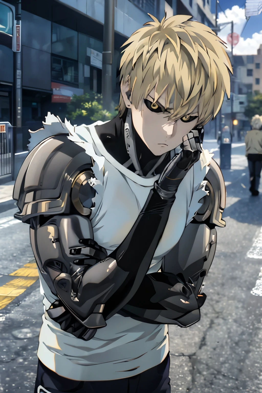 Genos from the one punch man series, He is facing out on the streets. (His face expresses great concern ) His hands are on his head showing concern.