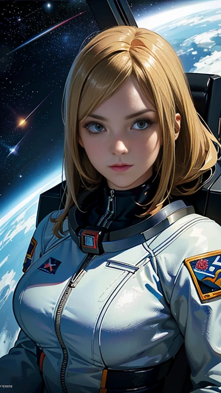 Close-up of a woman in a spacesuit sitting on a spaceship, Portrait Anime Astronaut Girl, Artgerm JSC, SF Women, Sci-Fi Pilot, Pilot Girl, Detailed sci-fi art, In the cockpit of a spacecraft, futuristic starship crew member, Zero Suit Samus, Sci-Fi illustrations, Sci-Fi illustrations