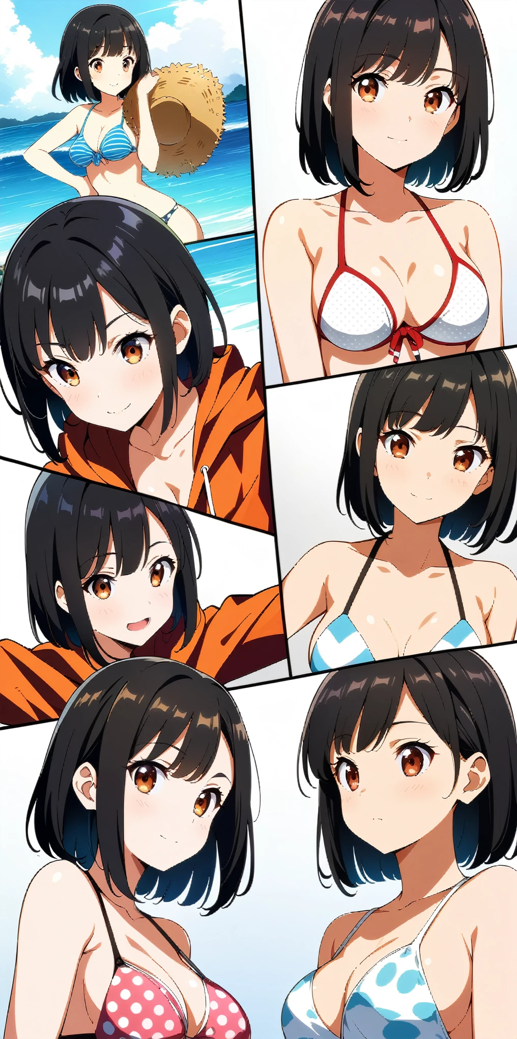 1 girl, , black hair, short hair, cute face, brown eyes, ideal ratio body proportions, ((curvy)), (medium breasts), ((Straw hat)), ((white polka dot bikini)), ((pretty bikini)), ((light smile)), ((Close your mouth)), (multiple angle), (many pose), ((looking at another)), (beautiful beachside), ((32k)), ((best quality)), ((ultra high res)), ((HDR)), ((UHD)), ((extremely detailed CG)), ((unity 32k wallpaper)), ((perfect anatomy)), (((illustration))), ((((anime colored)))),  