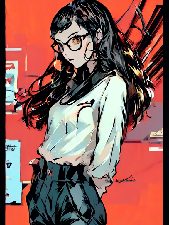 ((chibi)), big head, focus face, in the art style of persona5, (masterpiece:1.2, highest quality), (Realistic, photoRealistic:1.4), Beautiful illustrations, (Natural Side Lighting, Cinema Lighting), Written boundary depth, Beautiful thighs staring at the viewer, 1 female, 20-year-old, alone, thin, slender, (small breasts), long Hair, straight Hair, Forehead, Forehead, Forehead, Forehead, thin, slender, glasses, ((Skinny black pants, collared shirt)), Are standing, (((glasses)))