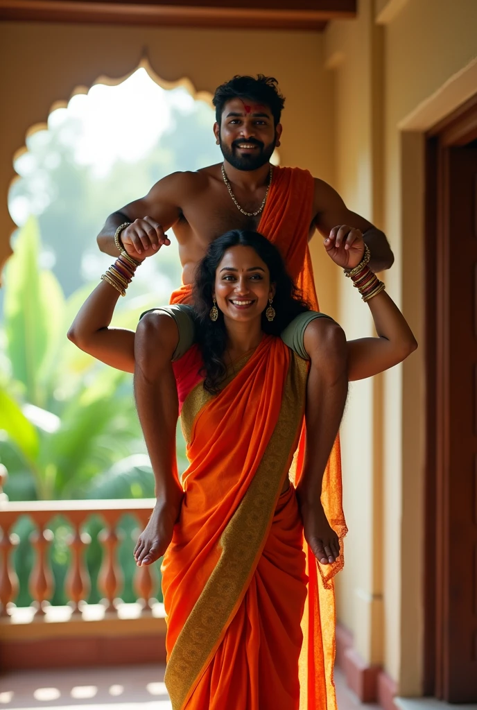a tall, beautiful Indian actress in saree carrying a large man over her head, man is sitting on her shoulders in home balcony , natural smile, she has strong arms, traditional