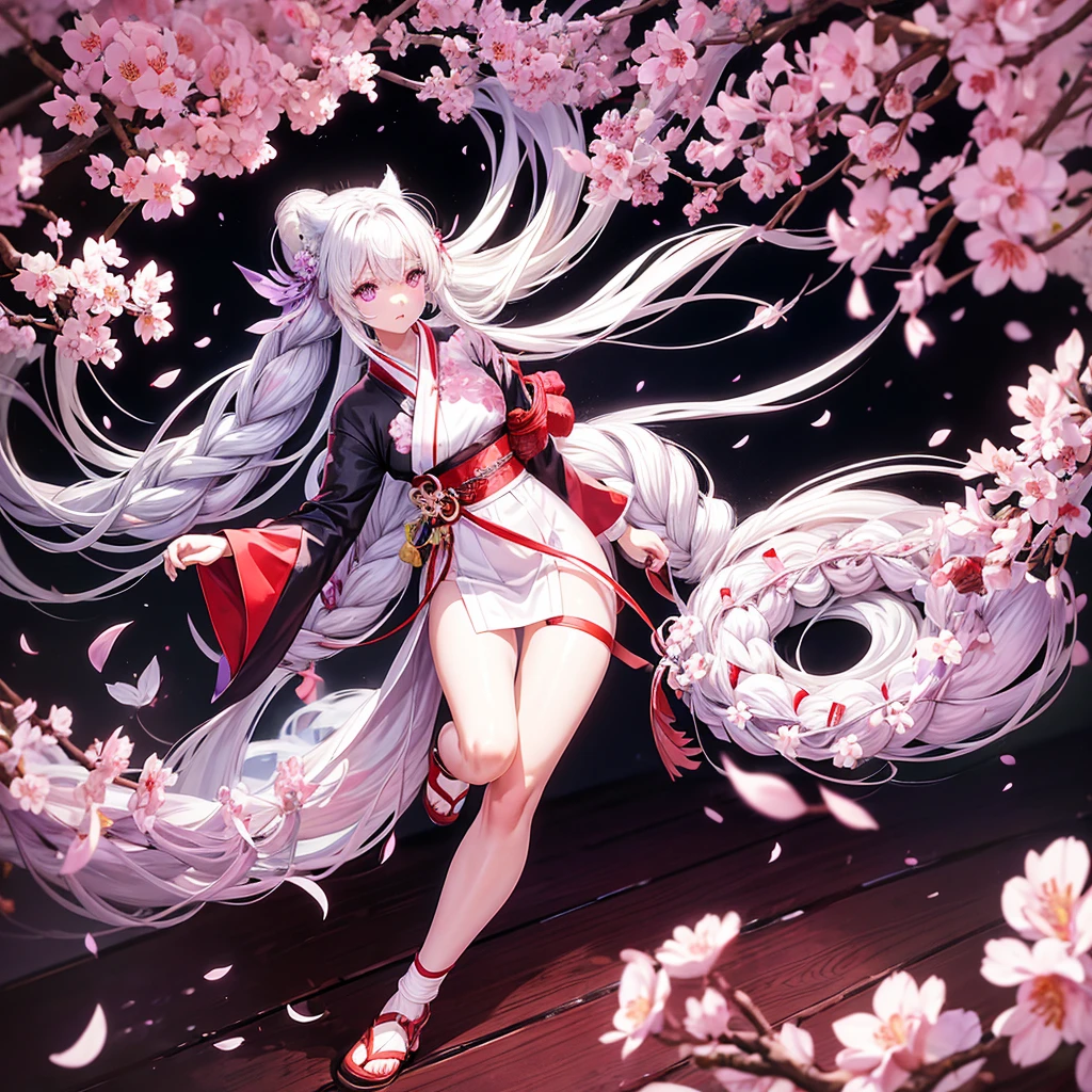 Girl, , fair skin, long white hair braided in one ponytail, purple eyes, white yukata with open legs and sakura petals, slim, beautiful legs, black belt, black gloves, red sakura flowers, purple long cloak, detailing,  perfect, red and black bracelets on legs and arms, wooden high-heeled shoes, kitsune mask