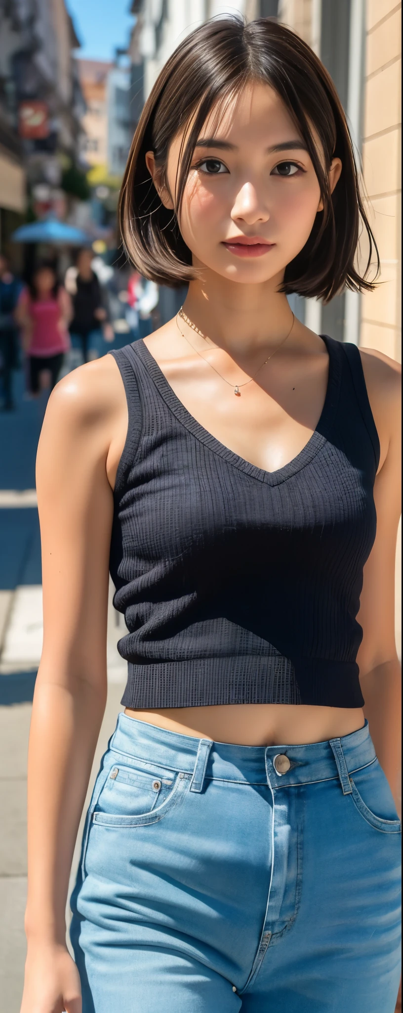 ((top-quality, 8K, masterpiece:1.3)), sharp focus:1.2, Beautiful Women in Perfect Style:1.4, Slender Abs:1.2, full body, wearing sleeveless shirts wide pants, ((weavy dark brown short hair:1.2)), (natural soft light, City Street:1.1), Highly detailed facial and skin texture, A detailed eye, double eyelid, uniform, Female, 24 years old