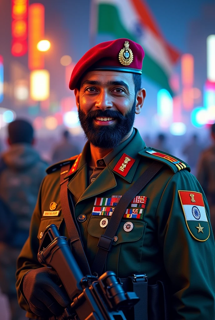 indian tricolor badges on cap dress
asaduddin owaisi as indian army muslim beard soldiers ,
Without moustache, with only beard
high end ai guns eauipment nightvision
Indian flag badges on dress cap
Face smile
Muslim soldiers
Hdr
Neon tri indian flag colors
Smiling
Indian flags background
Parliment