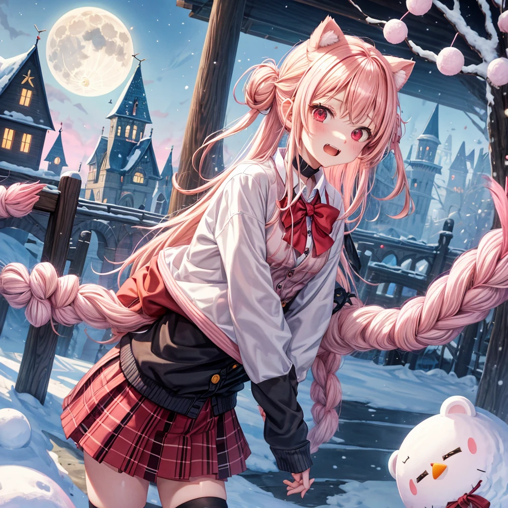 Pink Blonde、Red eyes、Hair tied up、Two cute、Checked mini skirt、black t-shirts、cardigan、coat、Knee-high socks、bear ears baseball cap、Burning Full Moon、The tree is dead、Snowballs are piling up、Cat Snowman、Teeth are visible、Monster Castle、Tilting face、crossing the bridge