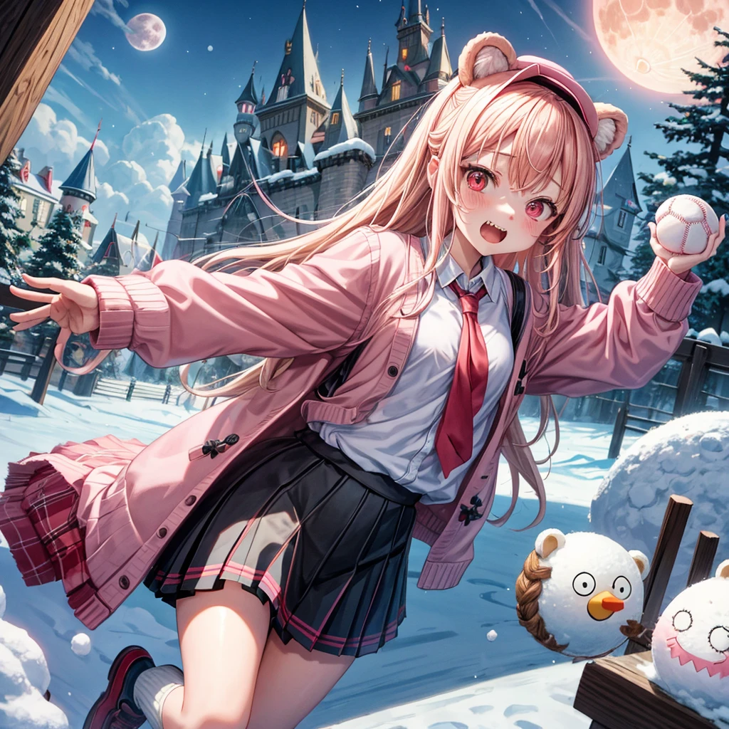 Pink Blonde、Red eyes、Hair tied up、Two cute、Checked mini skirt、black t-shirts、cardigan、coat、Knee-high socks、bear ears baseball cap、Burning Full Moon、The tree is dead、Snowballs are piling up、Cat Snowman、Teeth are visible、Monster Castle、Tilting face、crossing the bridge