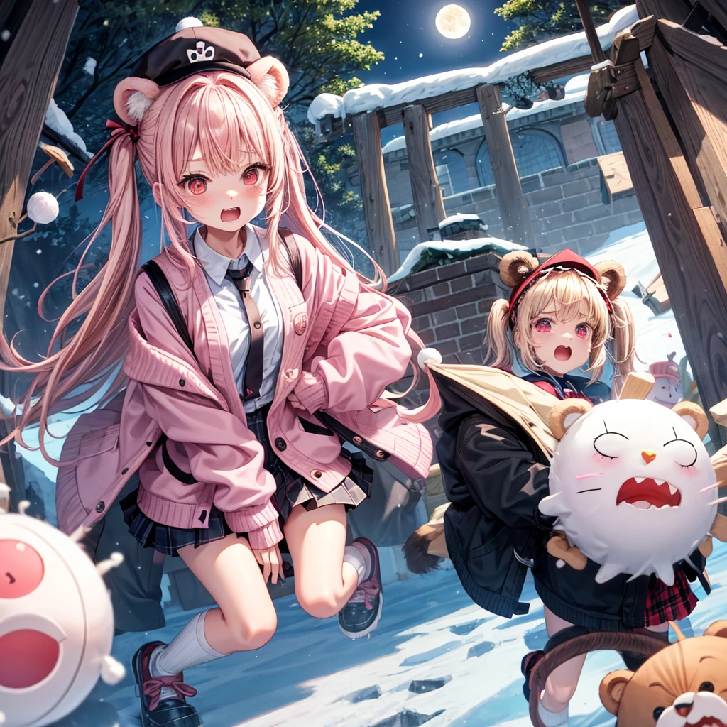 Pink Blonde、Red eyes、Hair tied up、Two cute、Checked mini skirt、black t-shirts、cardigan、coat、Knee-high socks、bear ears baseball cap、Burning Full Moon、The tree is dead、Snowballs are piling up、Cat Snowman、Teeth are visible、Monster Castle、Tilting face、crossing the bridge