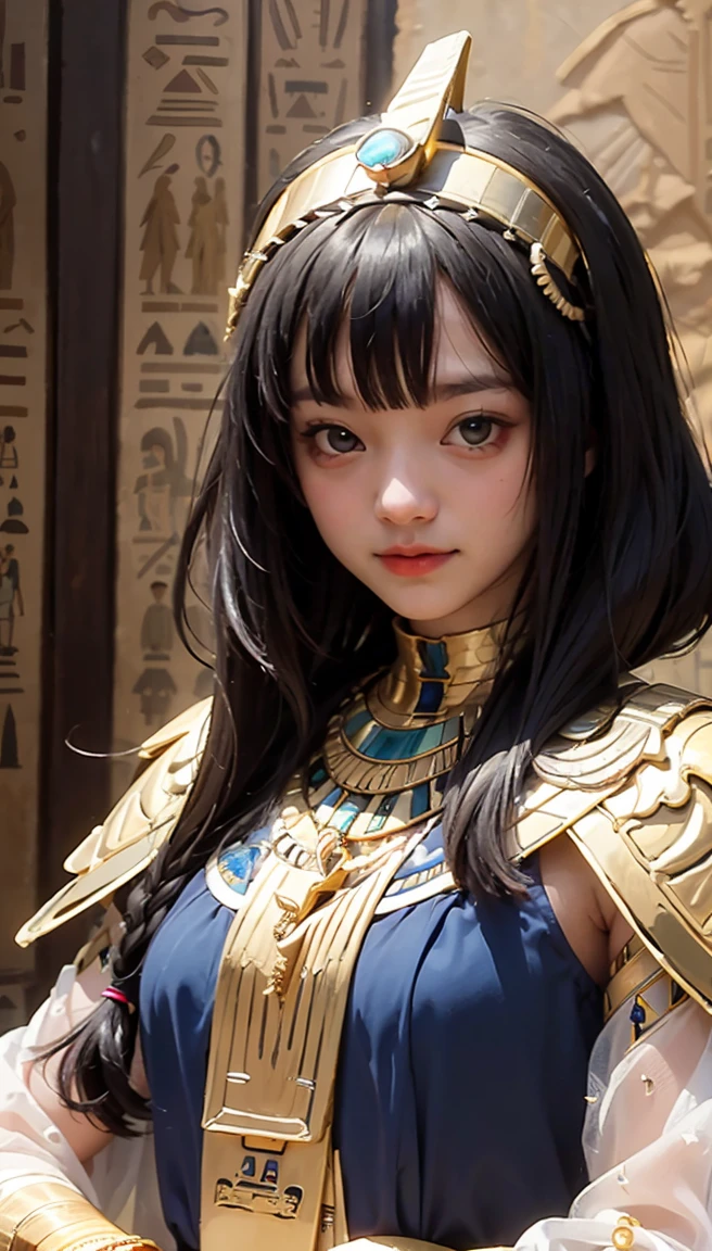 ((Frank Frazetta oil painting)),Queen Cleopatra, beautiful Egyptian woman, beautiful black eyes、Egyptian woman smiling, (Glossy Egyptian jewelry, perfect body:1.4,(Highest quality、8ก、32K、Masterpiece)、high definition, ((Bangs and ancient Egyptian hairstyles)), Black hair with thick bangs on the forehead., (cowboy shoot), depth of field, cinematic light effect、The body is muscular., Caramel skin glistening with oil and sweat., ((Egyptian Witch)), ((wearing insanely detailed blue and gold ancient Egyptian Witch outfit)), ((Elegant blue and gold Egyptian headdress.)), Inside the ancient Egyptian palace, no