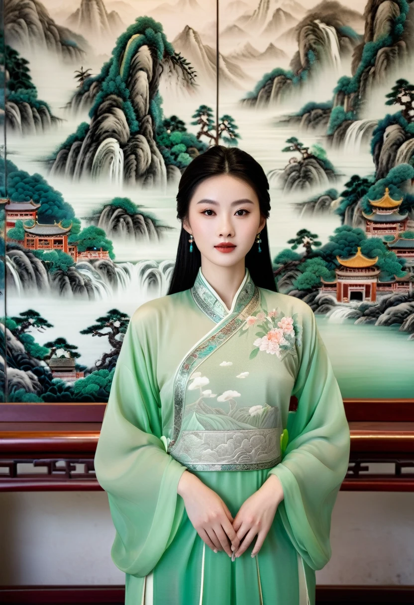 From the pre-Qing period, The Empress sits naked on a large golden sofa in the palace,  Her legs were spread, At the Chinese court during the Qing Dynasty, Empress of the Qing Dynasty, Wearing the great crown of the Chinese Empress, Belly and thighs visible from below.。She is completely naked, Showing off gorgeous large flowers and hairpins, She tied her hair up and pulled it up, 背景はEmpress of the Qing Dynastyの豪華な宮殿.