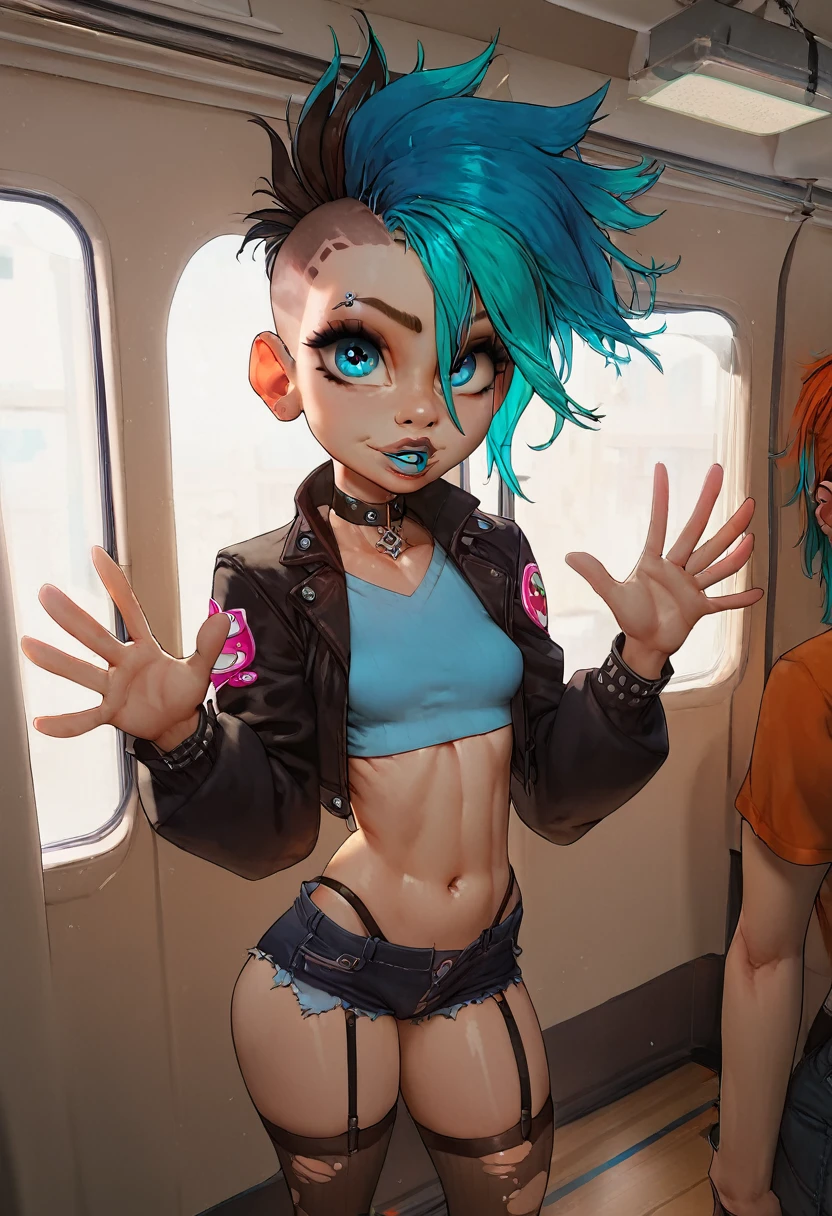 rating_safe, score_8_up, score_7_up, score_6_up, uncensored, shiny skin, small breasts, pale skin, cute face, kid-like proportions, big eyes, (((half-shaven head, cyan-black-dyed hair, eye-covering bang))), tiny prepubescent slutty young punk-girl standing inside bus looking up at viewer, POV looking down on small girl, strapped boots, ripped nylon stockings, short hotpants, cropped punkrock-T-shirt with mesh-sleeves, open leather jacket choker, big amazing eyes, slightly annoyed smile, subtle smirk, friendly, heavy eyeshadow, negative hands, low light, short prepubescent child, dark blue lip gloss, hands on hips, detailed bus interior background