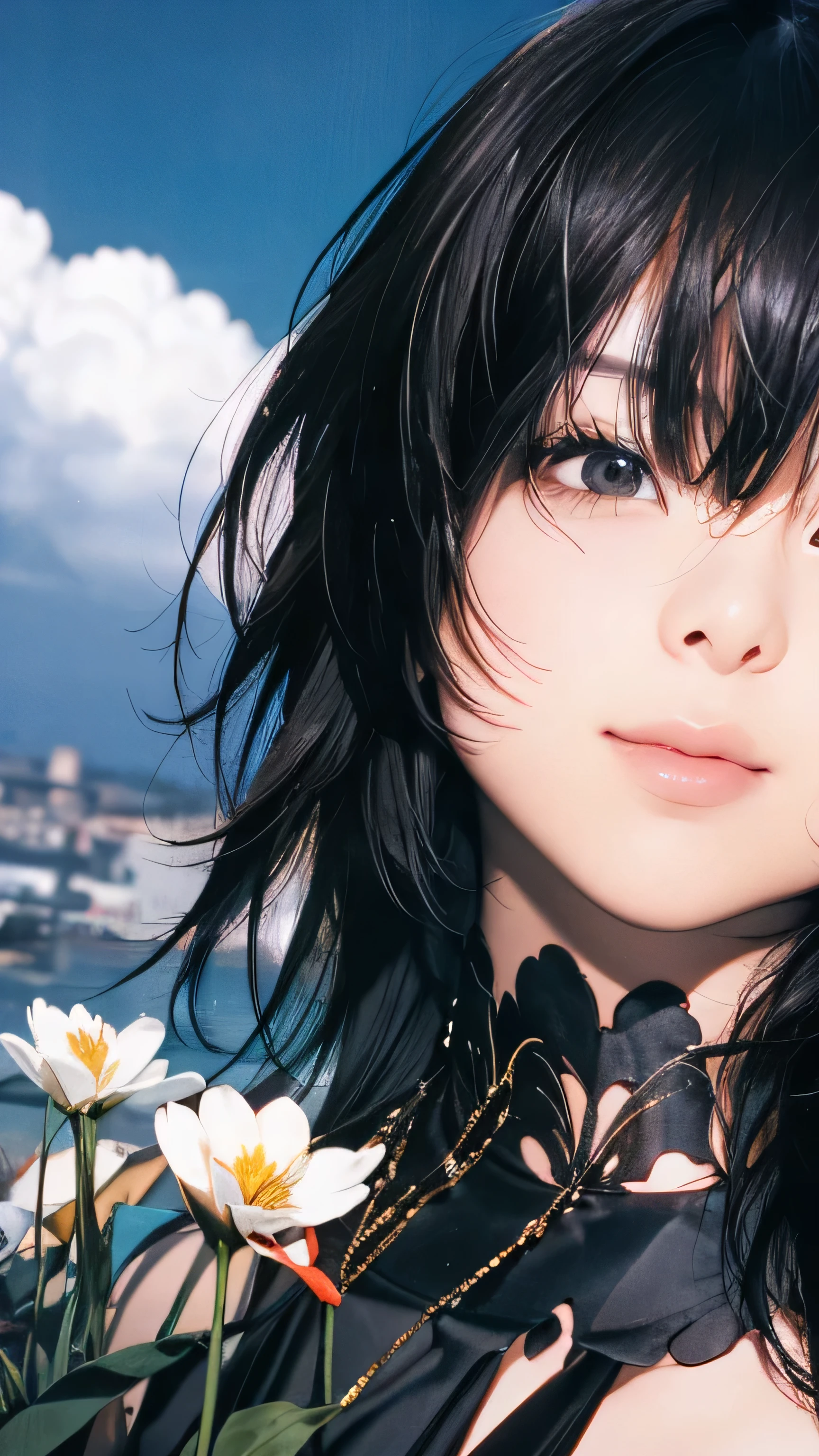 Official Art, wallpaper, Very detailed, (((Very detailed))), Realistic portraits, (high quality, masterpiece, High resolution) , 8k ウルトラHD, high quality, There are women, Surrounded by colorful flowers, Flower Field, Woman portrait, Beautiful young dark-haired woman, Fantastic and dreamy, 4K, 8k, smile, dynamic, Anatomically correct, The wind is blowing, Dancing petals, horizon, dance, Bouncing, Dress, Europe, grassland, Open Field, Low - Angle