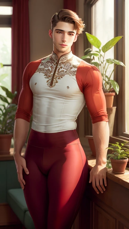 (photorealism:1.2), young man, wearing sleeveless red cultivation dress, detached sleeve, flared sleeves,, very short spikey boyish hair, indoors, soft lighting, plants in background, window with sunlight, cozy room, relaxed pose, realistic, intricate details, warm colors, by Greg Rutkowski, by Alphonse Mucha, wide hips , long legs, thick thighs, large feminine hips, thin and narrow weist, leggings , hot man