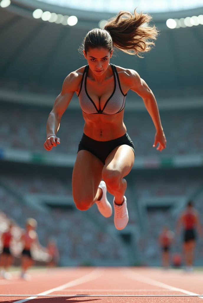 In the high jump、　A woman has her nipples exposed
