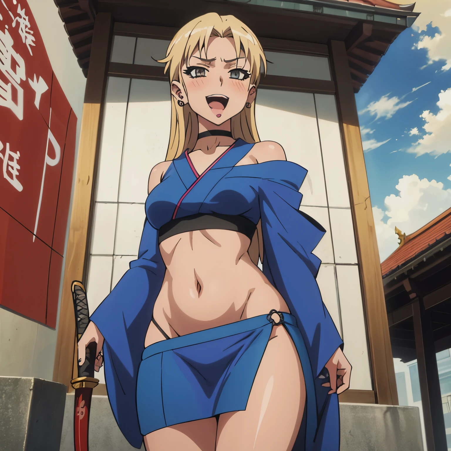 2girl, two girls, long hair, choker,
blush, lipstick,,jewelry, earrings, Hot girl, baddie, bad attitude, mean girl, crazy, smoking, sensual, attractive , masterpiece, best quality, highly detailed, a anime girl in kimono dress ,holding sword, bare
shoulder,open kimono, evil smile, open mouth, crop top , (nsfw) not safe for work, smile, ecchi anime
style, anime girls, ecchi style, ecchi, digital anime art!!, in anime style, official artwork, visual novel cg,
beautiful anime girl, anime style 4 k, kimono pencil skirt, exposed belly, exposed navel,
exposed midriff, exposed lower belly, outdoor, japanese architecture, temple