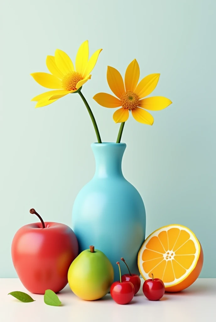 Simple blue vase with shadows with 2 simple yellow flowers,  1 red apple, 2 cherries, 1 green mango and 1 orange in half that looks like the photo