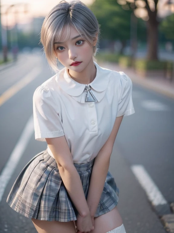 ((Biologically correct limb count))、(( from head to toe、Full body photo, including the face.))、4k、((standing position))、masterpiece、((Focus on face))、((Symmetrical facial features.))、Eyes with detailed description.、beautiful woman、Great style、beautiful arms、nice legs、beautiful hands、(small ass、thin thighs)、Facial details、small earrings、collar、(in bakery、latex skirt、High heels、socks)、Closeup of face、surprised expression、The background is the park in the morning..、killed、silver hair、worried expression、panty shot、M-shaped divisions、