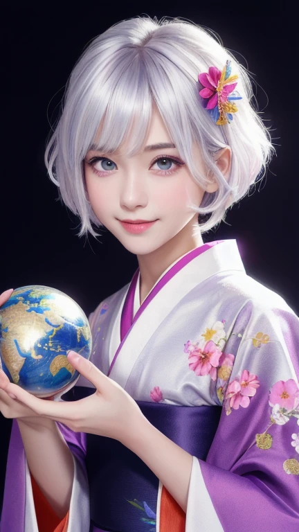 masterpiece: 1.3), (8k, Realistic, RAW Photos, Highest quality: 1.4), (Single women), Beautiful Face, (Realistic Face), (Short Hair), (Silver Hair, almost white hair, Shiny Hair, Beautiful straight hair), (Bangs too), (Sharp bangs), Straight Hairstyles, Realistic eyes, Beautiful attention to detail (Purple eyes), (Sharp eyes), (Realistic Skin), Beautiful Skin, Pure Face、A kind smile、Around 20 years old(white based kimono), (Fortune teller kimono), (Flower Hair Ornaments), Holding a large crystal ball in front of the center of the chest, (Heart crystal ball), Pink crystal ball. , Highest quality, Accurate, High resolution, Ultra High Resolution, Ultra-realistic, , Golden Ratio, Colorful background, (Flowers Bloom), ( Fancy Background, Rainbow Background), magician, I'm looking forward to, Look straight ahead, Shoulders parallel and facing forward、I'm looking forward to, Eyes meet, Look straight ahead, I'm watching you,