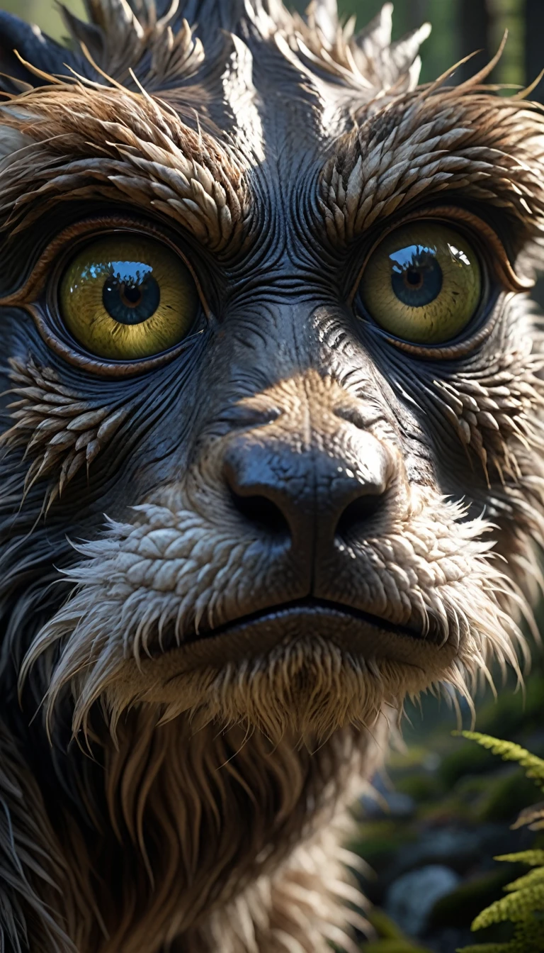 In the mountains and forests,A creature with a human face and four eyes(best quality,4K,8k,High level,masterpiece:1.2),Ultra Detailed,(lifelike,Photo real,Photo real:1.37),Highly detailed animals,Complex patterns,Realistic lighting