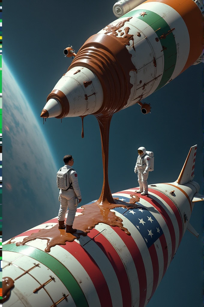 
I want a picture where an Indian, spaceship in space is dropping   thick chocolatey liquid which is gushing out of the spaceship. And then there's an American spaceship right below it. Where American astronauts are standing on top of American spaceship and enjoying this dark chocolatey liquid. Both the spaceships need to have their respective flags and the flags need to be large. The american astronauts need to be helmetless and caucasian race and eating the chocolate mounds 