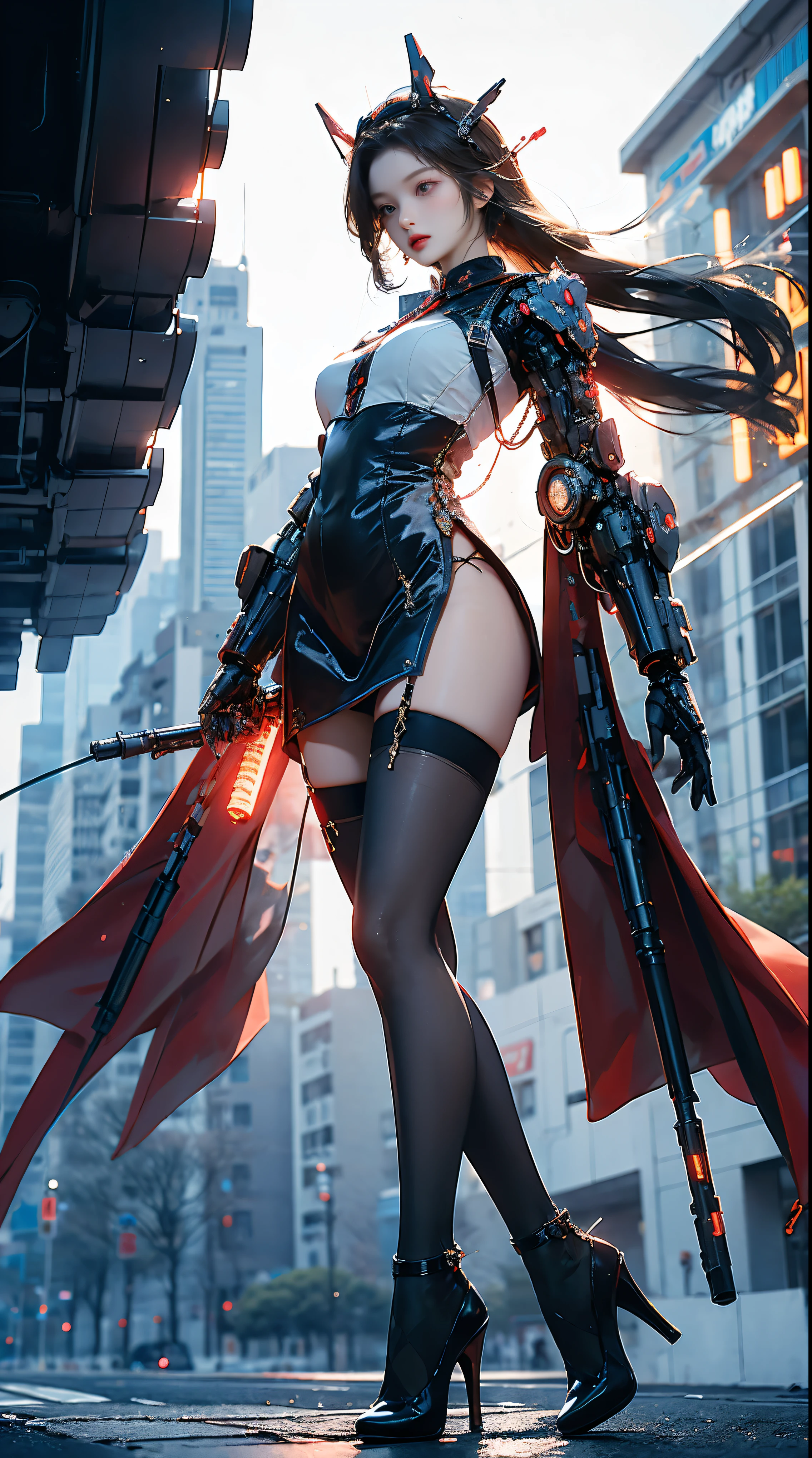 Masterpiece, best quality, high resolution, one woman, from below, very thin and straight legs, very long legs, straight legs, high heels, long legs, perfect body with perfect legs, front view showing long legs, perfect body, exterior, telegraph slang, dynamic pose, exquisite eyes, brown eyes, eye shadow, wearing makeup, long blonde hair, detailed face, detailed eyes, looking at viewer, blusher (wearing makeup), plump lips, red lips, long gray hair (1.3), mechanically static, summon mech, headdress (1.1), headgear, dressed like a student in , black lace stockings, stocking suspenders, city, luminous winding, with a in hand, weapon, completely mechanical and futuristic elements, technology, background is modern New York City streets with cars passing by, sky, slim (1.2), dramatic lighting, vivid details.