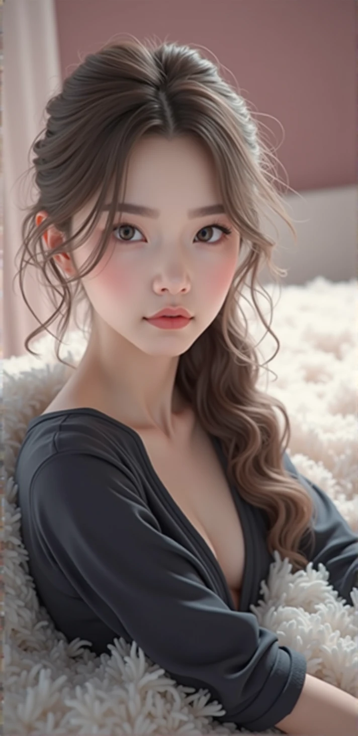 a young woman with long brown hair, detailed facial features, beautiful eyes, no clothes, photorealistic, 8k, high quality, extremely detailed, cinematic lighting, dramatic contrast, warm color tones, detailed skin texture, detailed musculature, detailed anatomy, elegant pose, serene expression