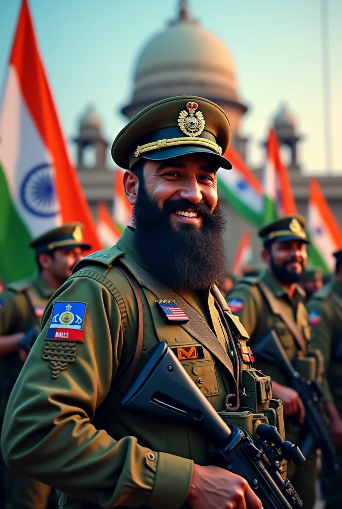 indian tricolor badges on cap dress 
asaduddin owaisi as indian army muslim beard  soldiers 
Without moustache
high end ai guns eauipment nightvision
Indian flag badges on dress cap
Face  smile
Muslim soldiers
Hdr
Neon
Smiling
Indian flags background
Parliment 