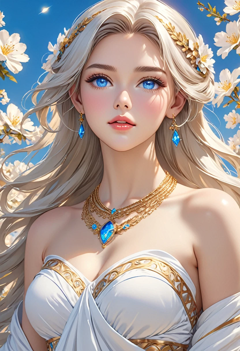 ((best quality)), ((artwork)), ((extremely detailed face)), ((perfect lighting)), ((extremely detailed CG)), ((perfect hands, perfect anatomy)), Sex/Gender= Female
Aliases= Dawnstar, Your Grace, Princess
Age= 20
Pronouns= Her/She
((Hair= Pure white, quite long, abundant))
((Eyes= Jewel Blue))
Features= Lean, curvy, ((ligh skin)) , younger , exceedingly beautiful, delicate features, full lips
Height= 5'5"
Clothing= Long sleeveless white dress greek style, wide gold necklace around her body to the waist.]