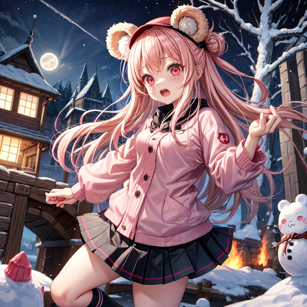 Pink Blonde、Red eyes、Hair tied up、Two cute、Checked mini skirt、black t-shirts、cardigan、coat、Knee-high socks、bear ears baseball cap、Burning Full Moon、The tree is dead、Snowballs are piling up、Cat Snowman、Teeth are visible、Monster Castle、Tilting face、crossing the bridge