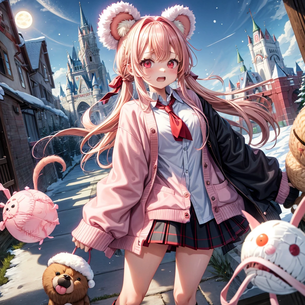 Pink Blonde、Red eyes、Hair tied up、Two cute、Checked mini skirt、black t-shirts、cardigan、coat、Knee-high socks、bear ears baseball cap、Burning Full Moon、The tree is dead、Snowballs are piling up、Cat Snowman、Teeth are visible、Monster Castle、Tilting face、crossing the bridge
