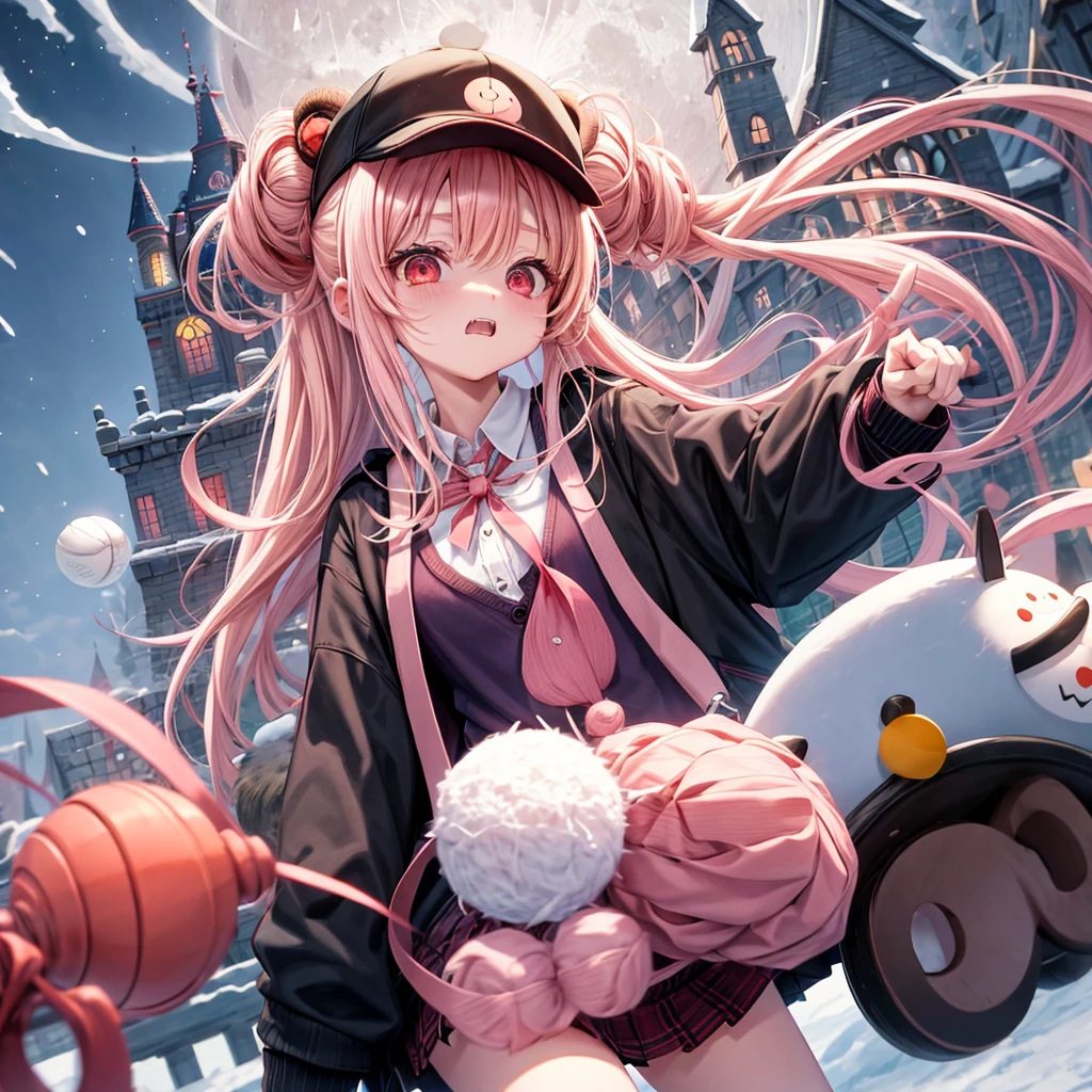 Pink Blonde、Red eyes、Hair tied up、Two cute、Checked mini skirt、black t-shirts、cardigan、coat、Knee-high socks、bear ears baseball cap、Burning Full Moon、The tree is dead、Snowballs are piling up、Cat Snowman、Teeth are visible、Monster Castle、Tilting face、crossing the bridge