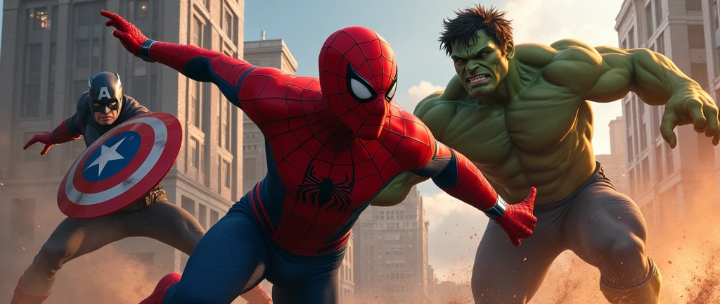 cinematic realistic masterpiece, spiderman, the hulk, captain america, batman, comic book character,  dynamic action poses, cinematic lighting, high contrast, bold colors, digital painting, concept art, heroic, powerful, detailed, epic, dramatic