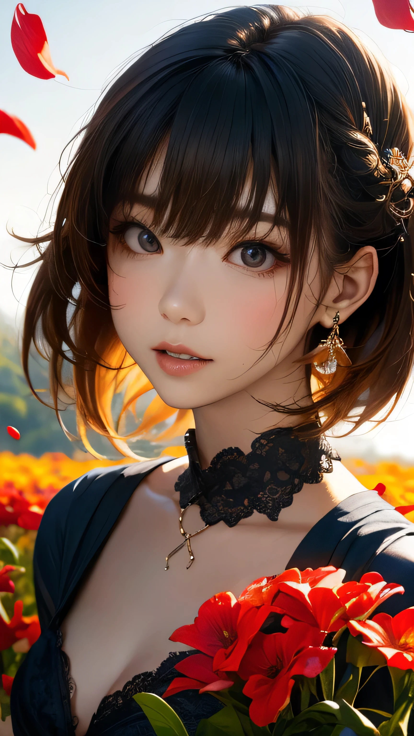Official Art, wallpaper, Very detailed, (((Very detailed))), Realistic portraits, (high quality, masterpiece, High resolution) , 8k ウルトラHD, high quality, There are women, Surrounded by colorful flowers, Flower Field, Woman portrait, Beautiful young dark-haired woman, Fantastic and dreamy, 4K, 8k, smile, dynamic, Anatomically correct, The wind is blowing, Dancing petals, horizon, dance, Bouncing, Dress, Europe, grassland, Open Field, Low - Angle