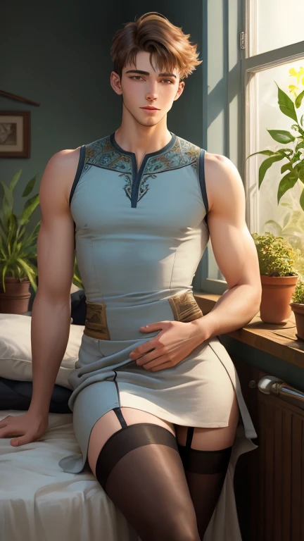 (photorealism:1.2), young man, wearing sleeveless cultivation dress,, very short spikey boyish hair, indoors, soft lighting, plants in background, window with sunlight, cozy room, relaxed pose, realistic, intricate details, warm colors, by Greg Rutkowski, by Alphonse Mucha, wide hips , long legs, thick thighs, large feminine hips, thin and narrow weist, leggings , hot man